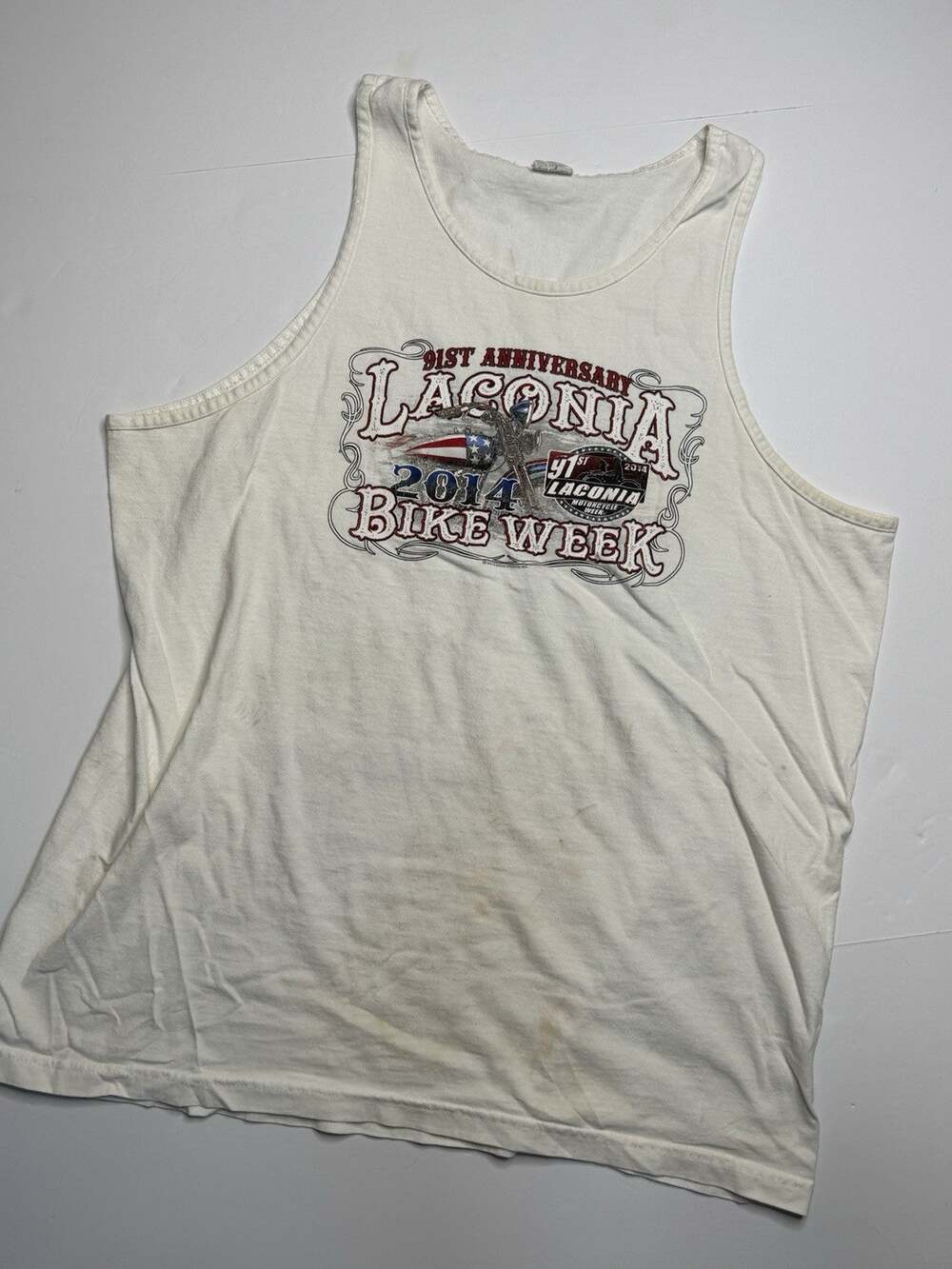 Laconia Bike Week 2014 Tank Top Mens XL Motorcycle Rally 91st Anniversary White